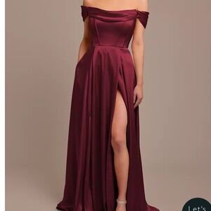 David’s Bridal Elegant Off-Shoulder Burgundy Gown